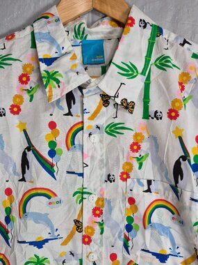 Enjoi Button Up Shirt Novelty Print Hidden Message Rainbow Tropical Pattern Med